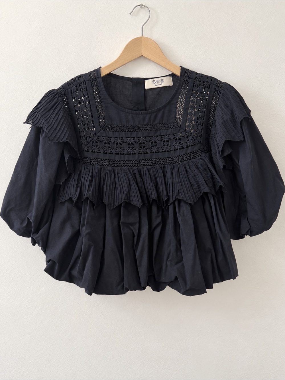 Sea New York Black Crochet Yoke Ruffled Pleated Puff Sleeve Top